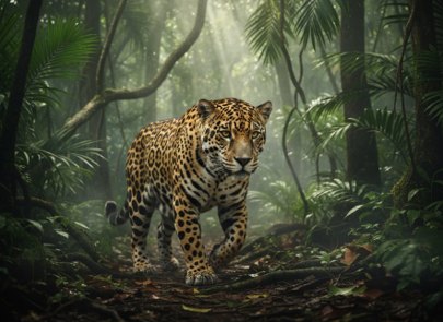 A jaguar walking directly toward the camera along a misty rainforest floor