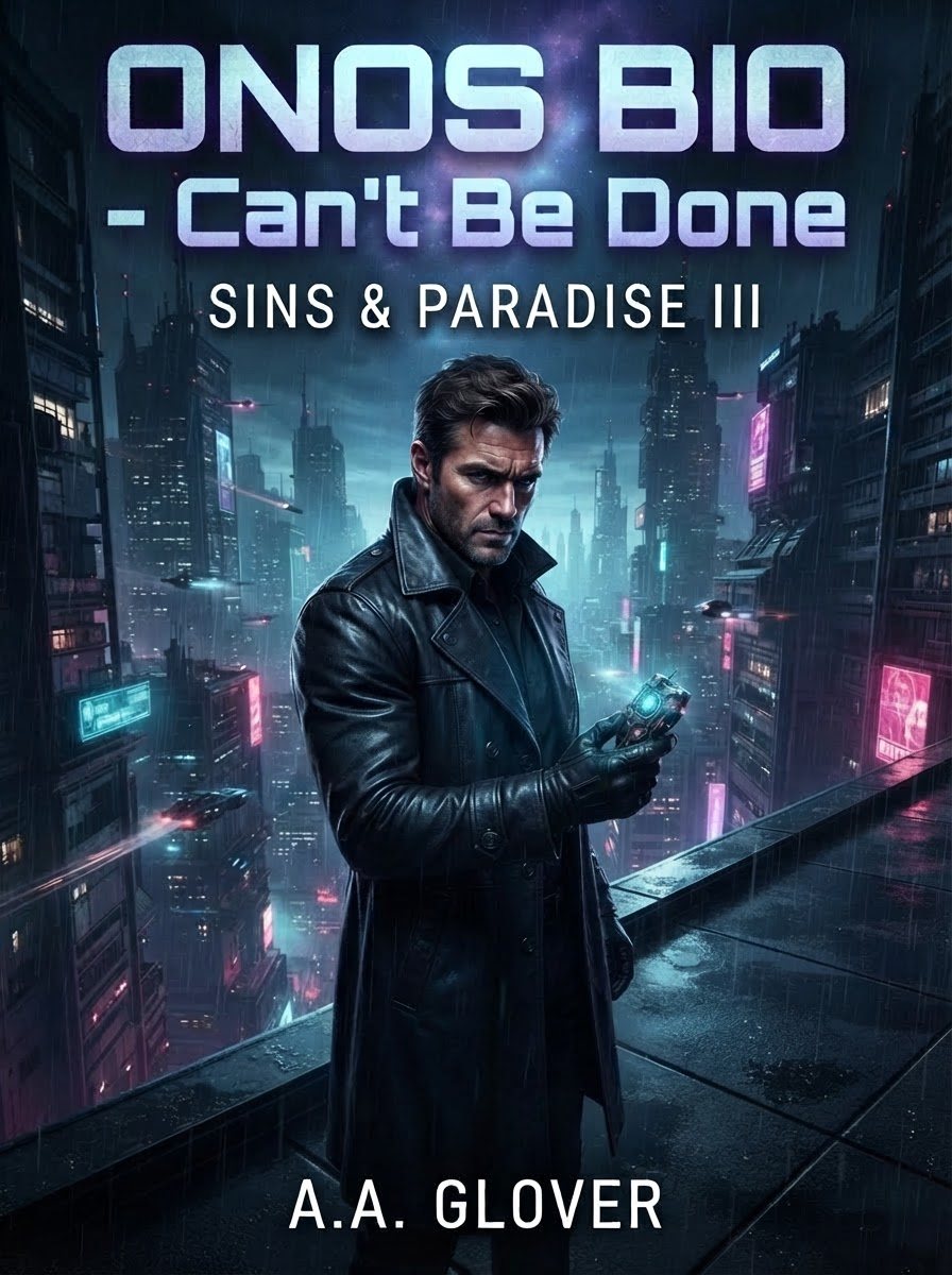 Cover of ONOS BIO – Can't Be Done, Sins & Paradise III by A.A. Glover: a man in a long black coat on a rain-soaked rooftop above a neon city, studying a small glowing device in his hand