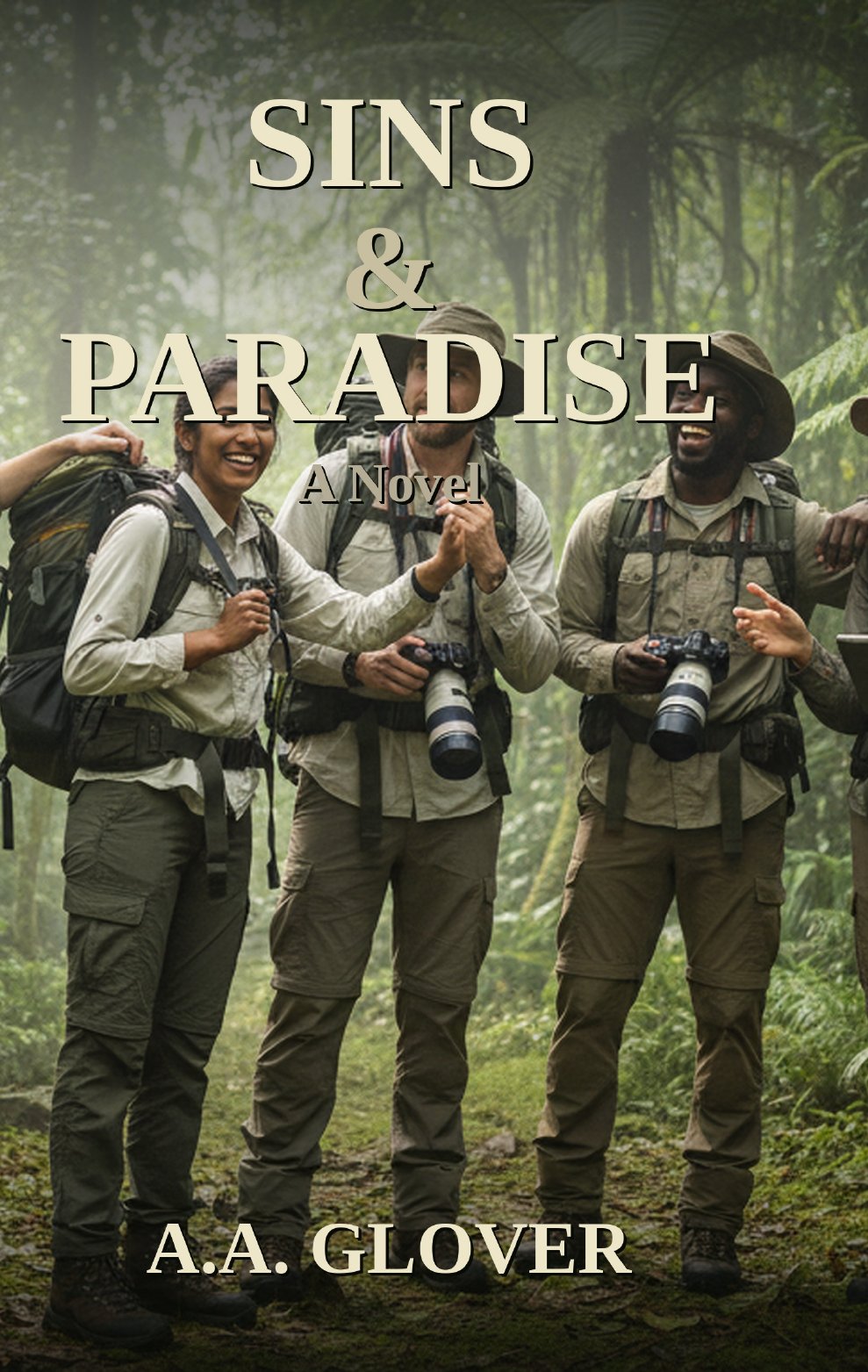 Front cover of Sins & Paradise, a novel by A.A. Glover: three hikers laughing in a Costa Rican rainforest