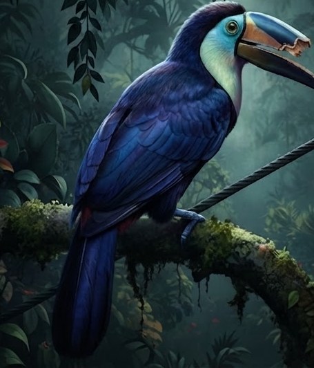 Gronky, the ancient toucan with a broken beak, perched on a mossy branch beside a zipline cable