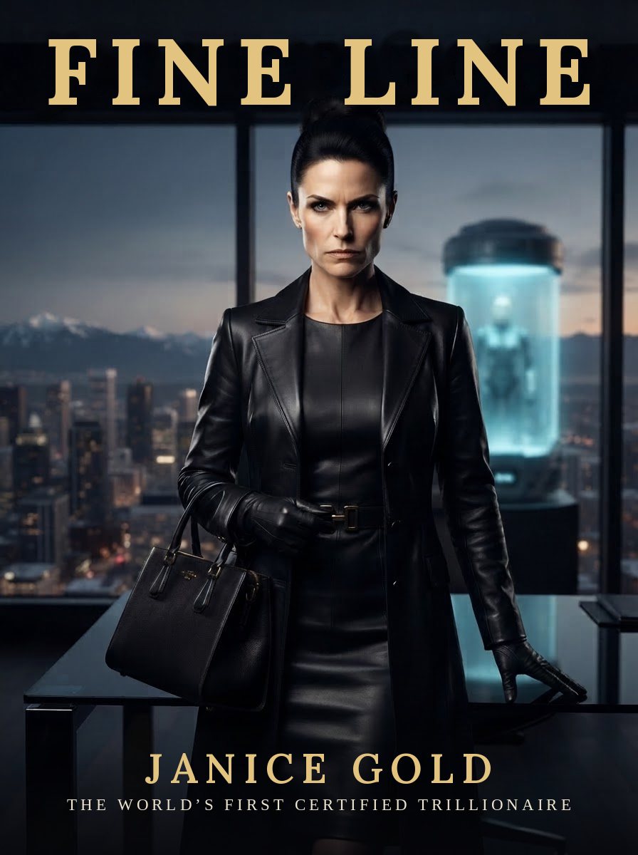 Janice Gold on the cover of Fine Line magazine: dressed in black leather, gloved hand resting on a glass desk, a city skyline and a glowing preservation vessel behind her. Cover line: Janice Gold, the world's first certified trillionaire.