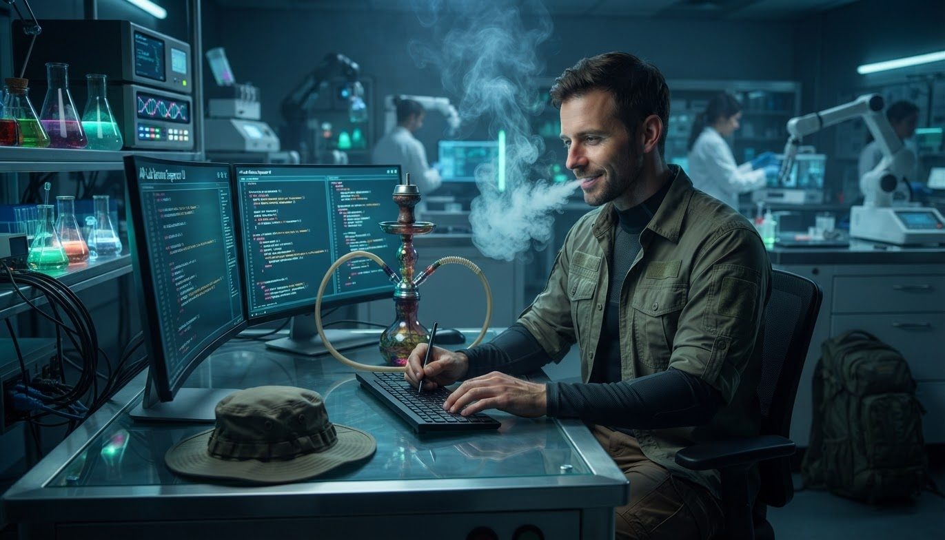 A man in a field shirt typing at a glass desk with two monitors of code, exhaling smoke from a hookah, lab technicians working behind him