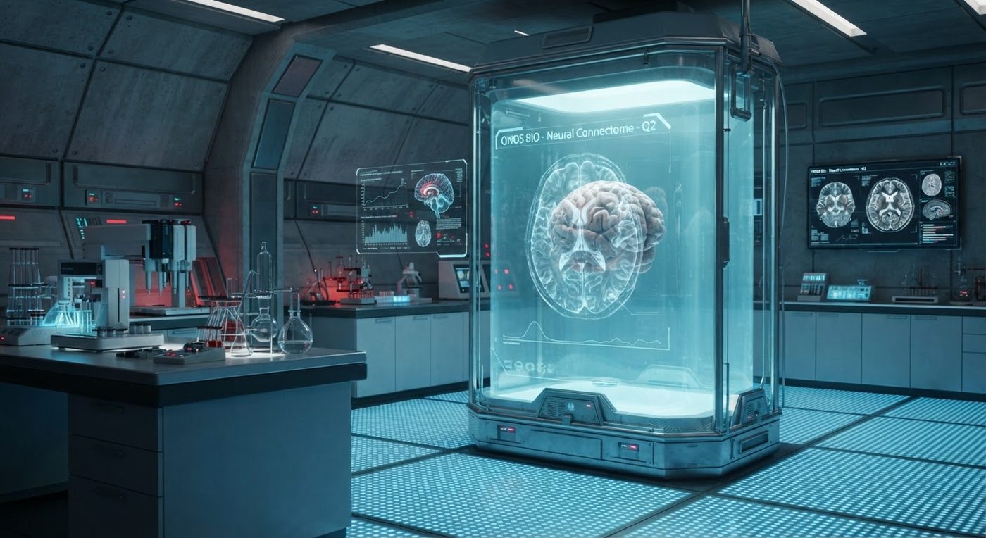 A preserved human brain suspended in a tall glowing glass vessel in the middle of a dark laboratory, with scan readouts on the screens behind it
