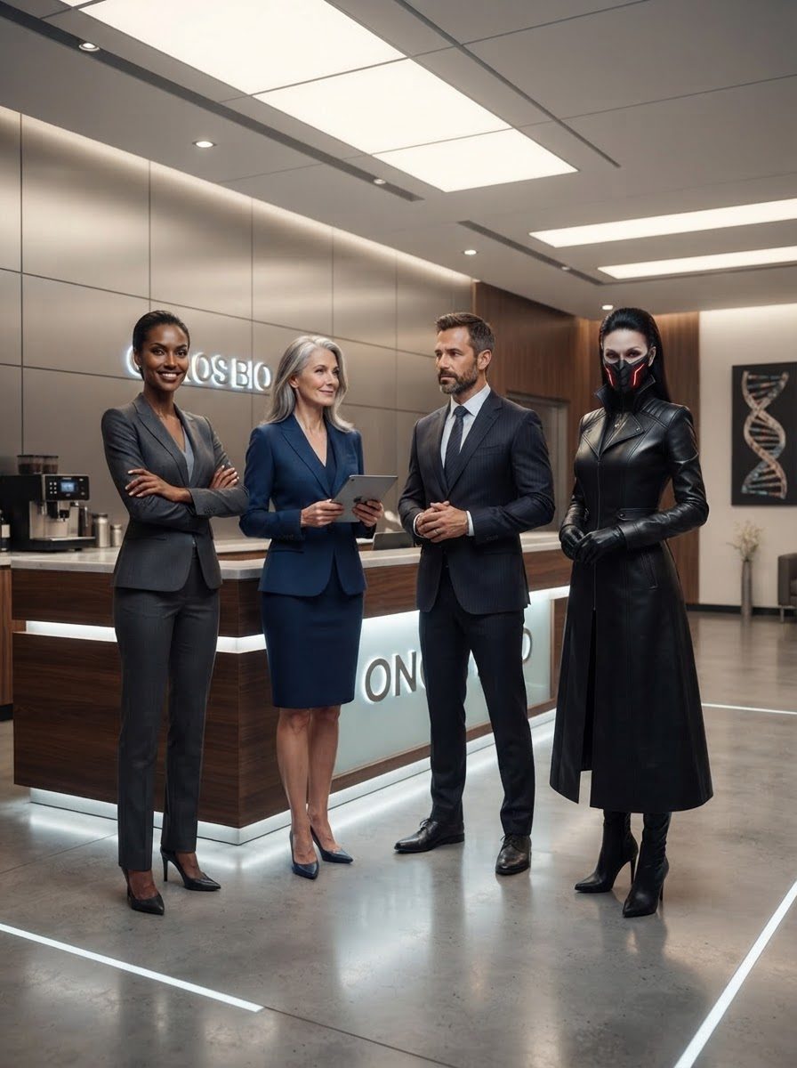 Three people in business suits standing in the ONOS BIO lobby beside a masked figure in a long black leather coat