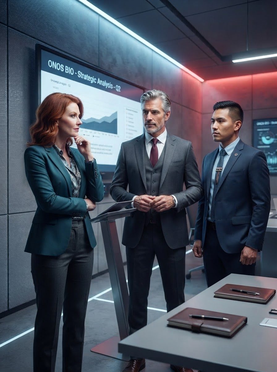 A woman in a teal blazer and two men in suits talking in front of a screen titled ONOS BIO Strategic Analysis