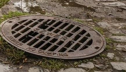 A cast-iron storm grate embossed with the words SEWER and NO DUMPING, the letters subtly wrong.