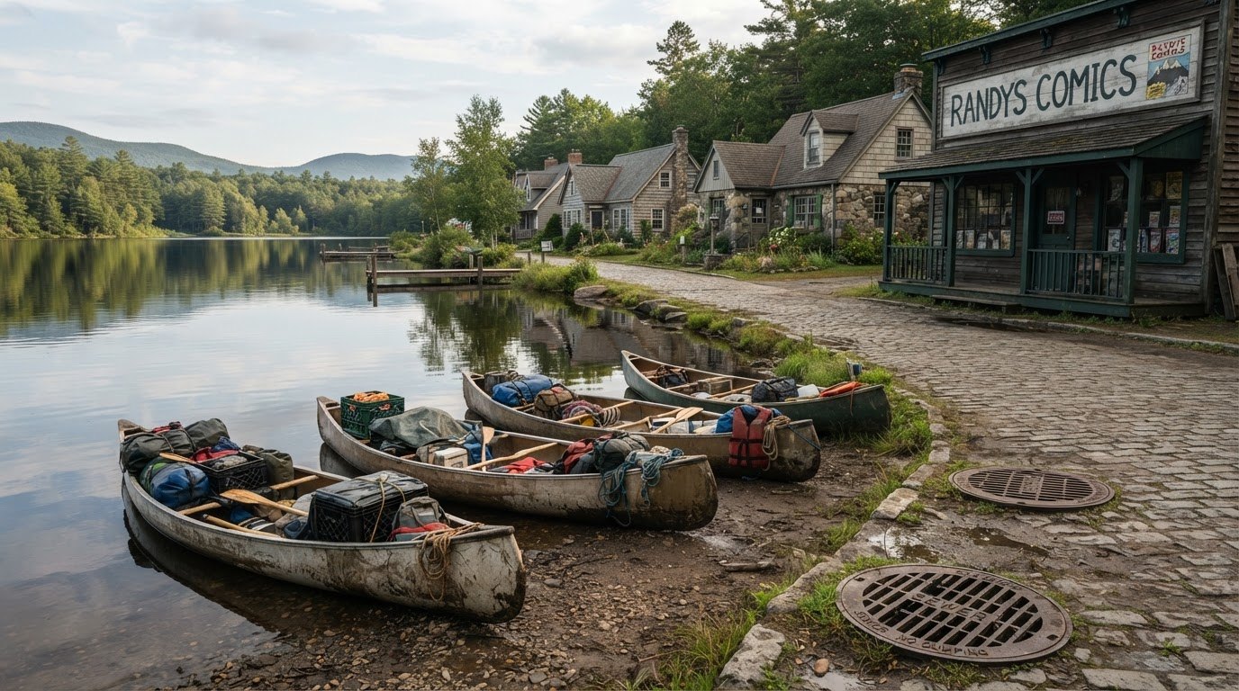 A still lakeside town at dawn: four canoes loaded with expedition gear beached on the shore, a row of shingled cottages, and a storefront reading Randys Comics. No people are present.