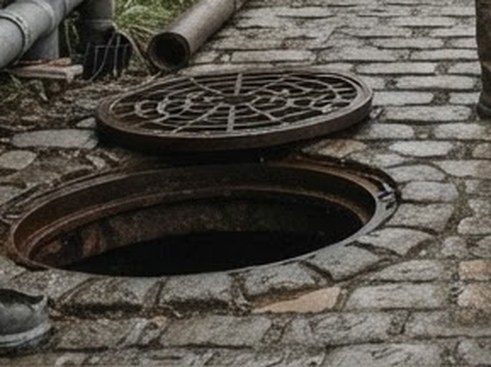 A cast-iron access cover set aside, the hole beneath it open.