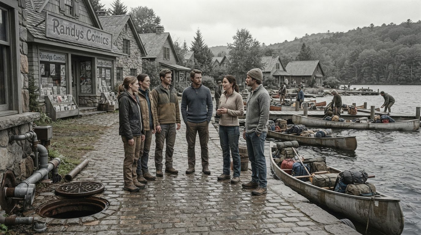 Six people talking on a cobblestone waterfront outside Randys Comics; at the waterline more figures load gear into canoes; a round access cover in the foreground stands open.