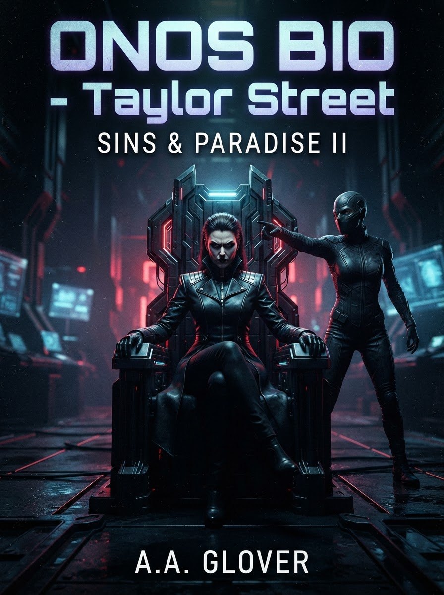 Cover of ONOS BIO – Taylor Street, Sins & Paradise II by A.A. Glover: Janice Gold seated on a throne in a red-lit control room, an armored figure pointing beside her