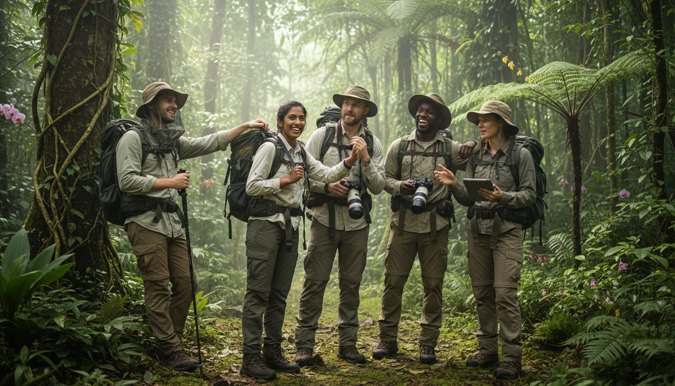 Five hikers in khaki laughing together on a rainforest trail