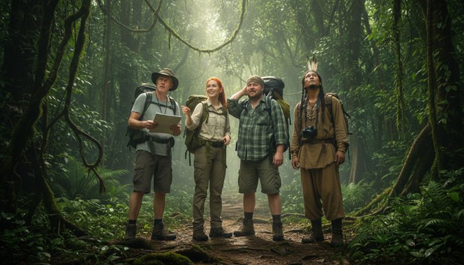 Four hikers looking up into the canopy, one holding a tablet