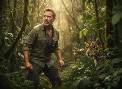 A man in a field shirt crouched and alert on a jungle path, a jaguar visible behind him