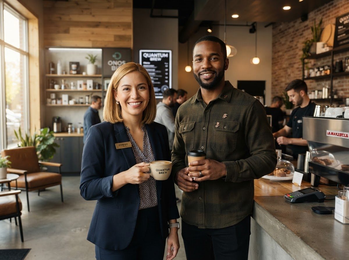 A smiling woman in a navy blazer and a man in a green shirt holding coffee cups in a busy coffee shop