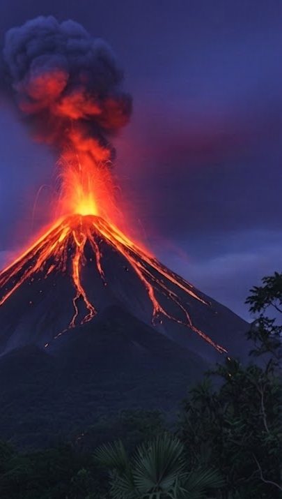 Arenal Volcano erupting at dusk, lava running down its flanks above the rainforest